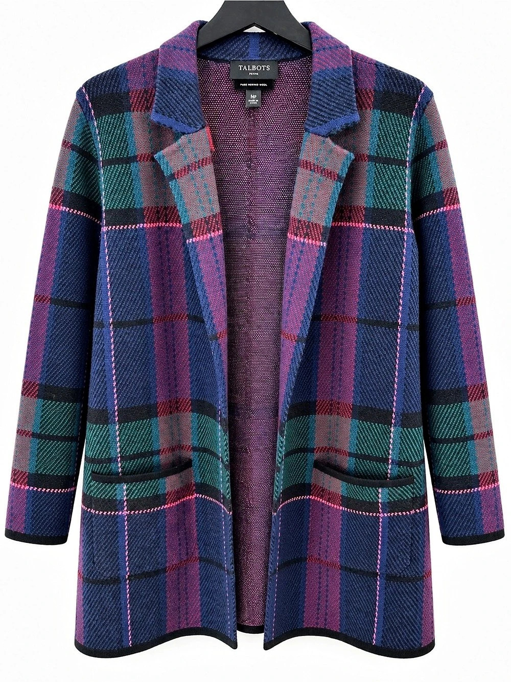 Talbots 100% Merino Wool Plaid Sweater Jacket Women’s MP Petite